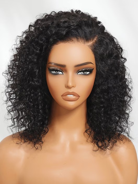 Lace Frontal Black Side Part Jerry Curly Wig with Invisible Drawstring 150% Density