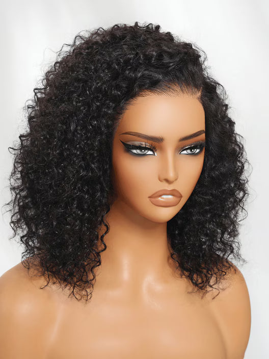 Lace Frontal Black Side Part Jerry Curly Wig with Invisible Drawstring 150% Density
